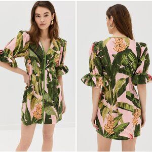 Farm Rio Pink Banana Leaves V Neck Mini Dress, New With Tags, M